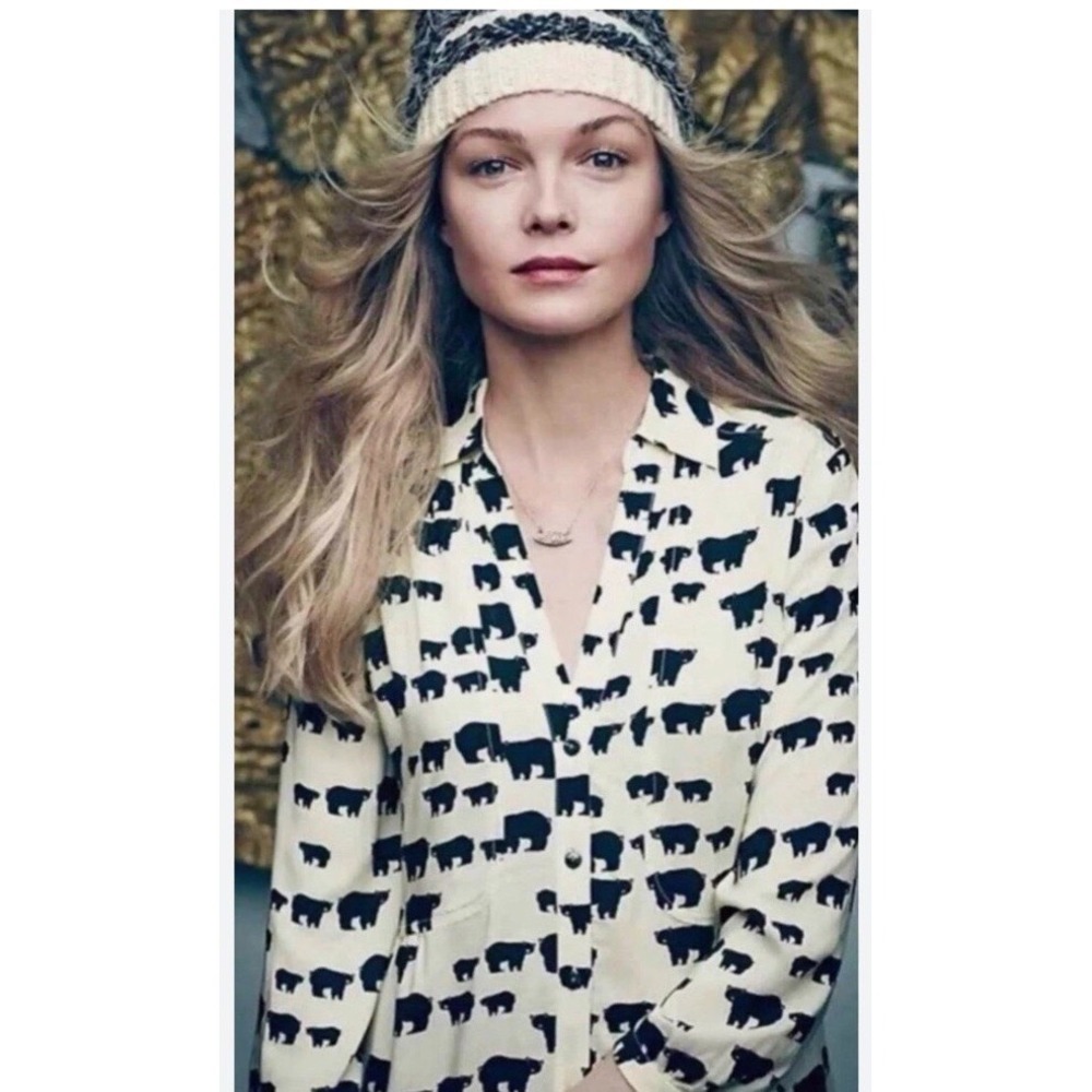 Maeve Anthropologie Women Shirt 8 Bear Print Button Up Novelty Granola Rayon